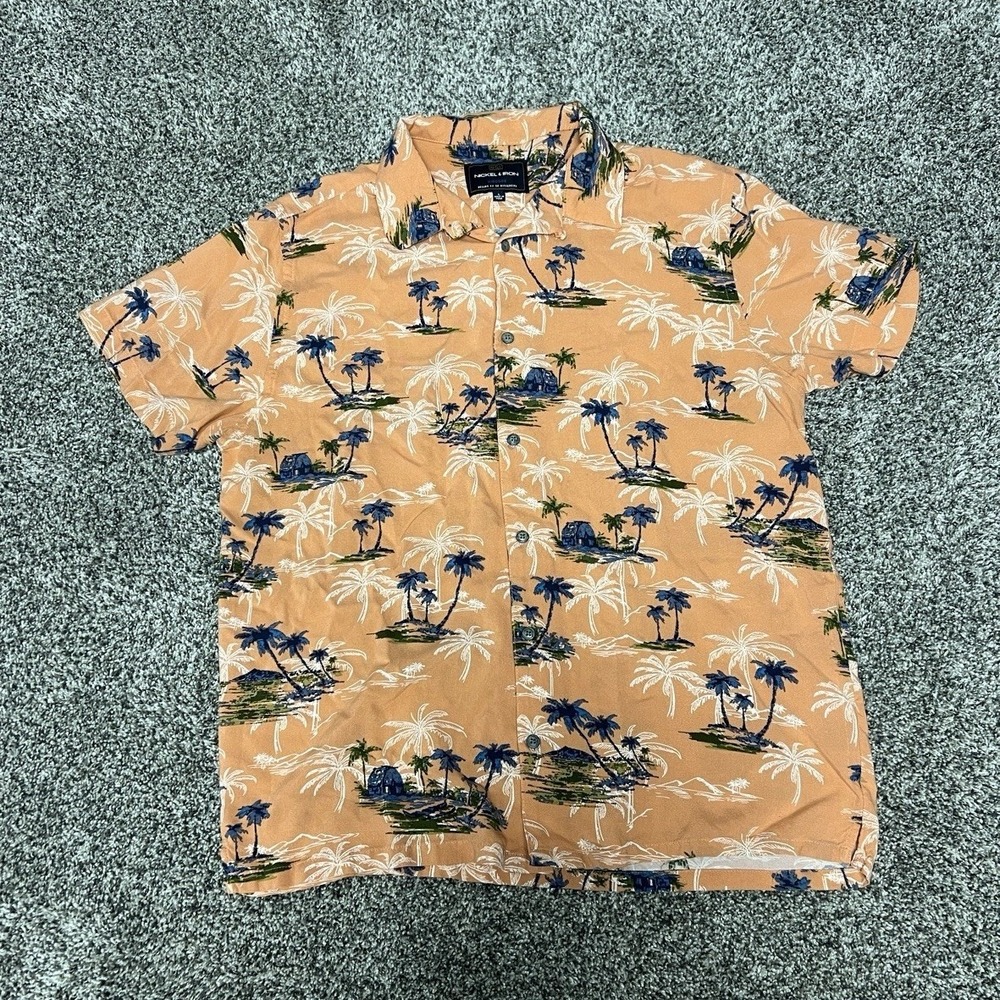Nickel & Iron Men's L 100% Viscose Orange Tropical Short Sleeve Button-Up Shirt